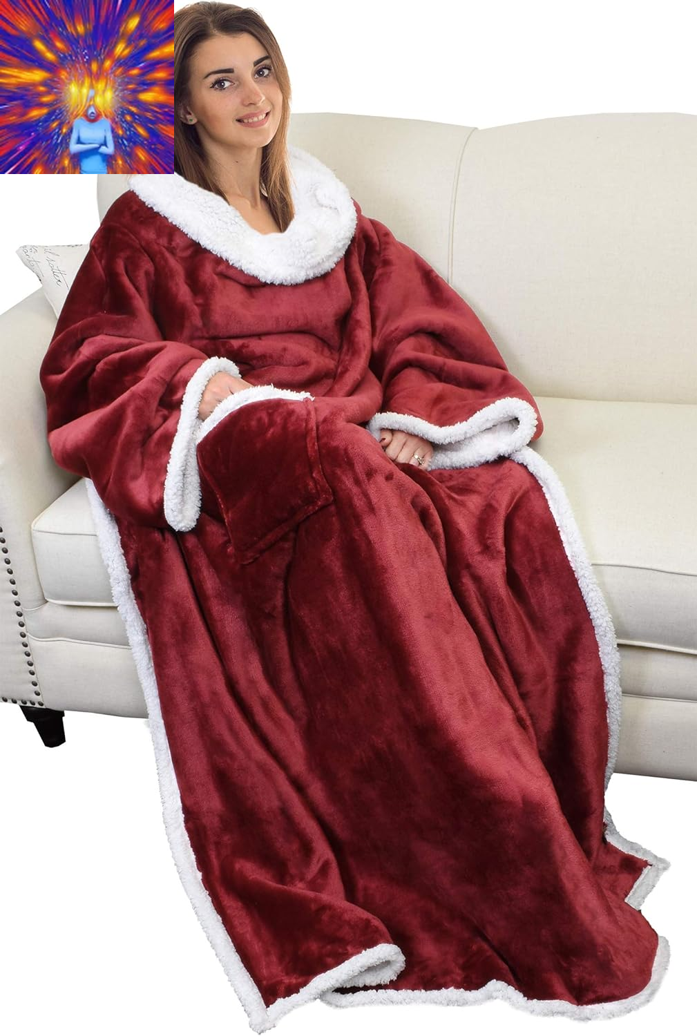 Sherpa Wearable Blanket with Sleeves Arms, Comfy Sleeved TV Wrap Blanket, Large