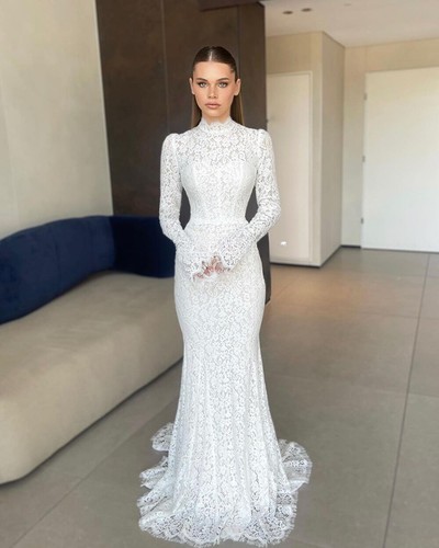 Abiti da sposa a sirena in pizzo abito da sposa collo alto maniche lunghe abiti da sposa - Foto 2 di 2