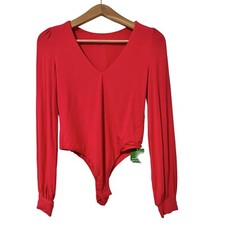 Halara V Neck Long Sleeve Button Work Bodysuit Size M Rubicondo Red NEW