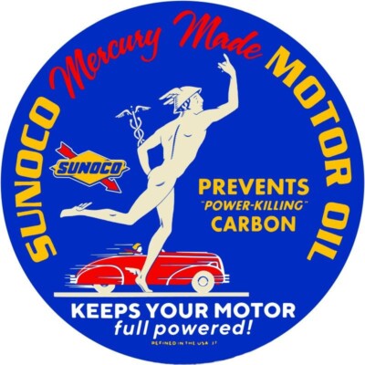 SUNOCO Mercury Made Motor Oil NEW Sign: 28'' Dia. Round USA STEEL XL Size
