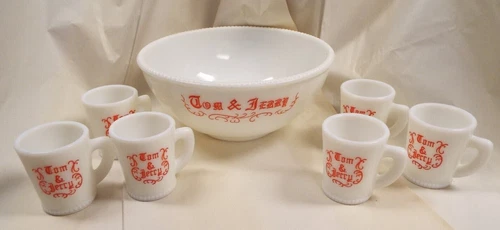 Vintage Holiday MCKEE Tom & Jerry Milk Glass Egg Nog Punch Bowl Set With 6 Cups