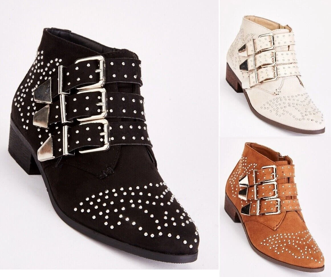 WOMENS ANKLE BUCKLE FASHION FLAT LOW HEEL ZIP LADIES CHELSEA SHOES