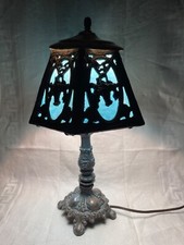 Vintage Signed Marked PH Leaded Stained Glass Blue Small Table Lamp 5607