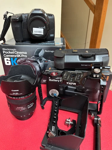 Blackmagic Pocket Cinema Camera 6K Pro full kit, cage, Canon lens and batt pack 