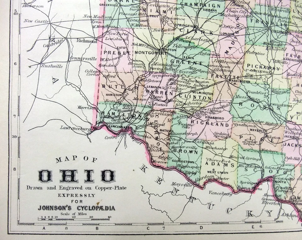 Ohio - Mapa original de placa de cobre de 1895 de A. J. Johnson. Raro... Antiguo Foto 3 de 3