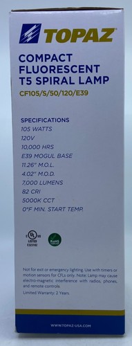 Topaz Compact Fluorescent High Lumen T5 Spiral Lamp 120V E39 Mogul Base - Picture 4 of 9