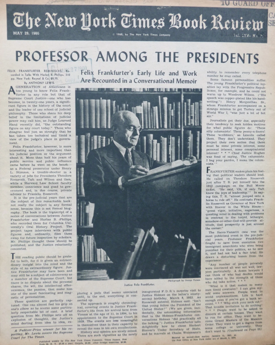 1960 May 29 FELIX FRANKFURTER SUPREME COURT JUSTICE LEWIS NY Times Book Review