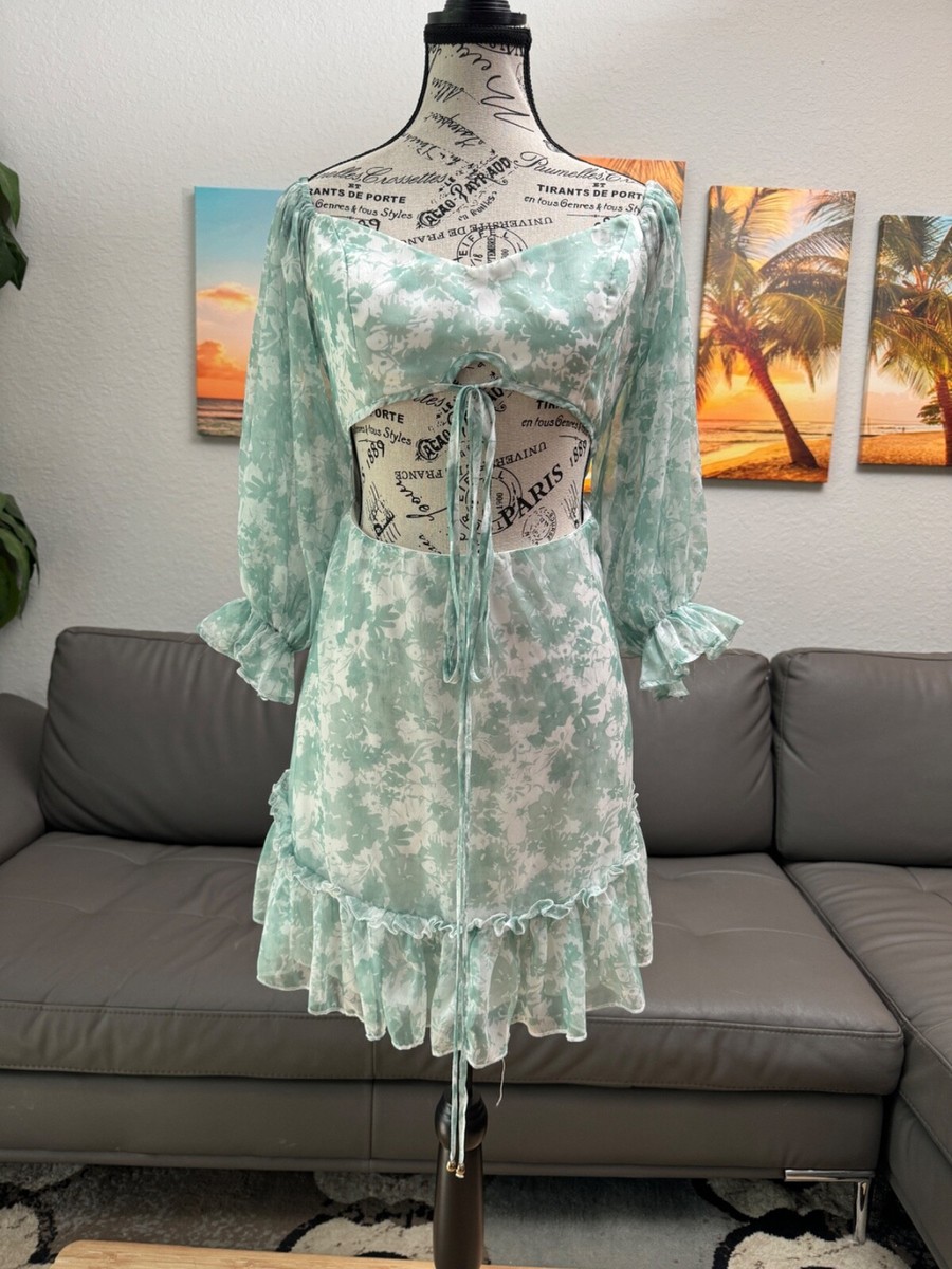 Green and white saints secrets midriff, long sleeve dress size