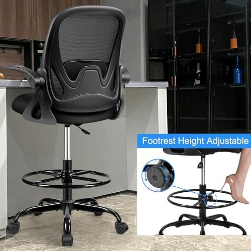 PRIMY DRAFTING CHAIR TALL OFFICE CHAIR WITH FLIP-UP ARMRESTS - BLACK