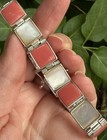 Sterling Silver 925 coral Mother of pearl panel bracelet Vintage jewelry — photo 3