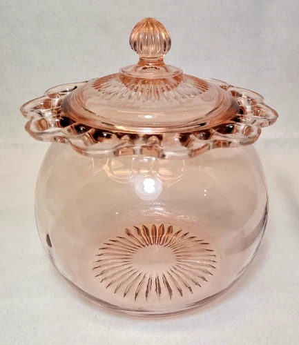 Hocking Glass Pink Old Colony Open Lace Cookie/Candy Jar w/ Lid - Depression