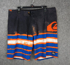 Quiksilver Shorts Trunks Men's 38 Striped AOP Swim Surf Stretch Zip Pocket