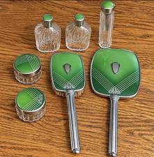 Vintage Art Deco Green Enamel Vanity Set Mirror Brush Perfume Bottles Jars