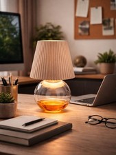 Modern Adjustable Glass Table Lamp with Pleated Round Shade, Beige Gold