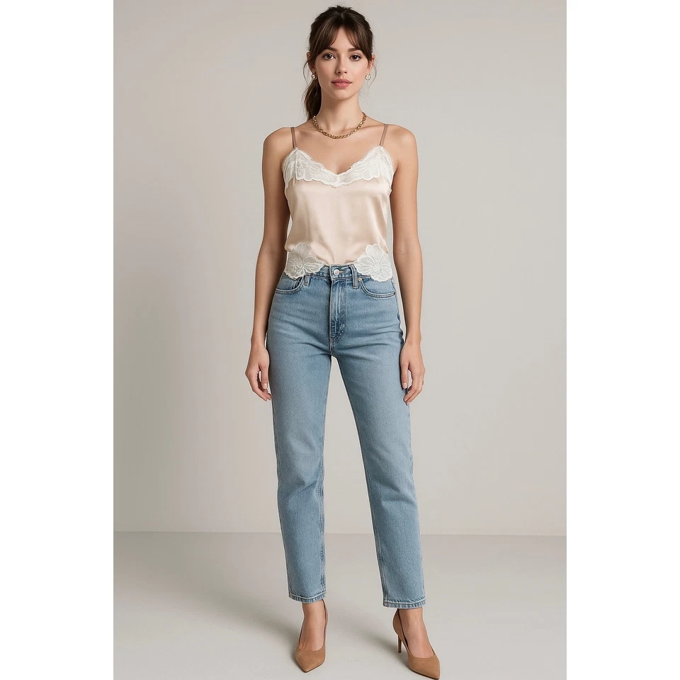 Vintage 80s Cami 38 / M Cream Floral Lace Trim Coquette Cottagecore Body Lites - Image 2 of 4