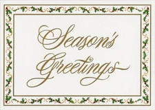 Gold Foil Embossed Seasons Greetings with Holly Border Christmas Card