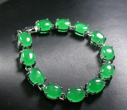 Fashion White Gold Plated Link Clasp Green Jade Cabochon Beads Bangle Bracelet - Picture 3 of 7