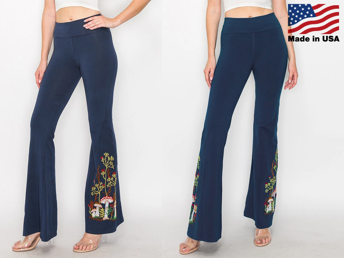 T Party Women's Blue Embroidered Mushroom Forest Flare Yoga Pants