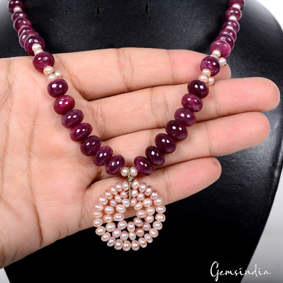 413.55 Cts Natural Dark Red Ruby Pear Round Beaded Handmade Designer