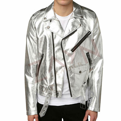 Herren Echtleder Metallic Silber Motorrad Jacke Gürtel Bikerjacke Mantel