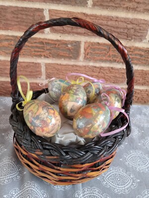 6 pc. Easter Decorations Eggs Hanging Ornaments Comes w/ Basket Beautiful Eggs