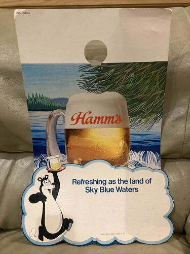 VINTAGE HAMM'S BEER CARDBOARD ADVERTISING SIGN BEAR GLASS LAKE OLYMPIA BREWING