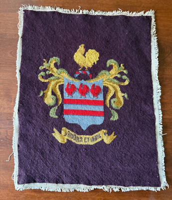 Vintage needlepoint coat of arms Audax et Vigil (Bold and vigilant) roosters