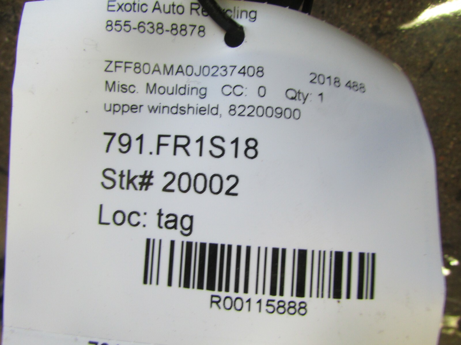 Ferrari 488, 458 Spider, Upper Windshield Moulding, Used, P/N 82200900