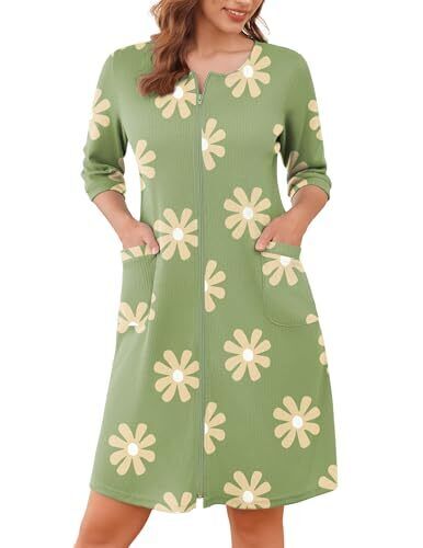 Zip Up Robes for Women Short Waffle Bathrobe Lightweight XX-Large Green Floral - Foto 7 di 7