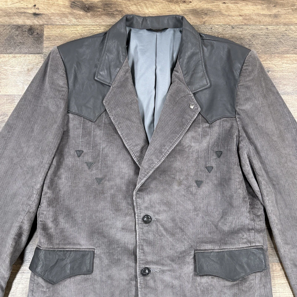 Pioneer Wear Blazer Mens 46 Gray Corduroy Leather Western Sport Coat Jacket - Image 3 of 4