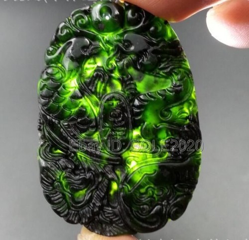 Natural Black Green Jade Carved Chinese Dragon Phoenix Pendant Necklace Jewelry - Picture 4 of 6