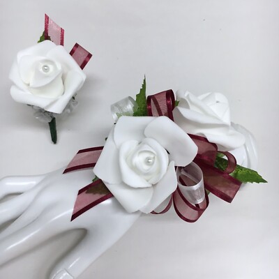 Double White Rose on Burgundy Wrist Corsage & Boutonniere Combo