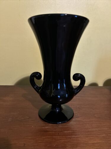 Tiffin Black Amethyst Glass Double Handle Vase Collectable Vintage 10.5" - Picture 1 of 8