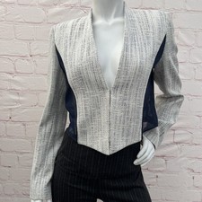 T Tahari Cierra Paneled Antique White Navy Blue Mesh Short Jacket Blazer Size 10