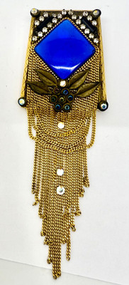 Marena Handarbeit Art Deco Style Brooch or Pendant Cobalt Blue Glass w/ Fringe