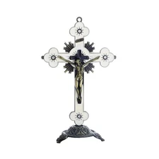 White Standing Crucifix with Detachable Base 5 Inch Enamel Metal Cross Stand ...