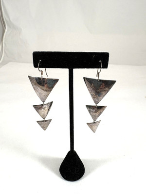 VTG TRIANGLE EARRINGS Silver Tone Geometric Dangle Drop 80s Modernist Pierced
