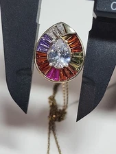 Rainbow Stones Cluster Teardrop Pendant 925 Silver Vermeil 17.5" Necklace Vntg