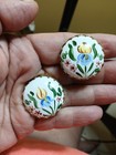 Vtg Porcelain Hand Painted Floral Earrings Clip 1" Round Bearded Iris Filigree — photo 3