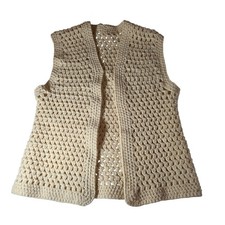 Vintage Handmade Crochet Open Front Vest Cream Boho Cottagecore Festival S/M