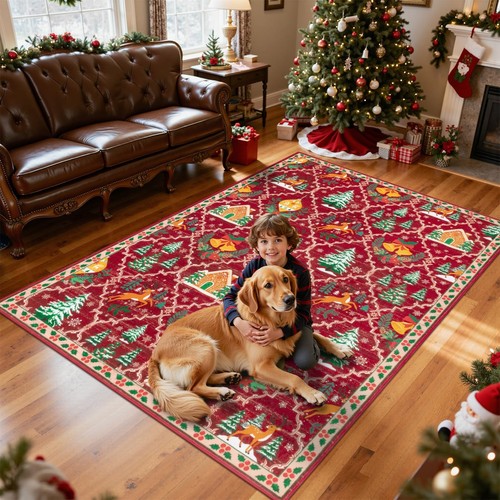 HEBE Christmas Area Rug 5'x7', Non Slip Farmhouse Red Rugs for Living Room, W... - Picture 7 of 8