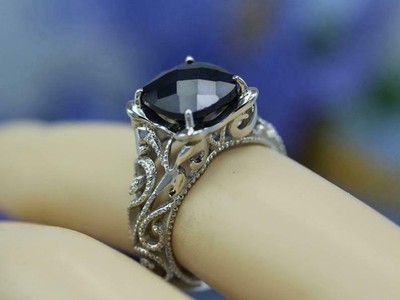 2ct Natural Cushion Blue Sapphire Ring Milgrain Filigree 14K White Gold Plated