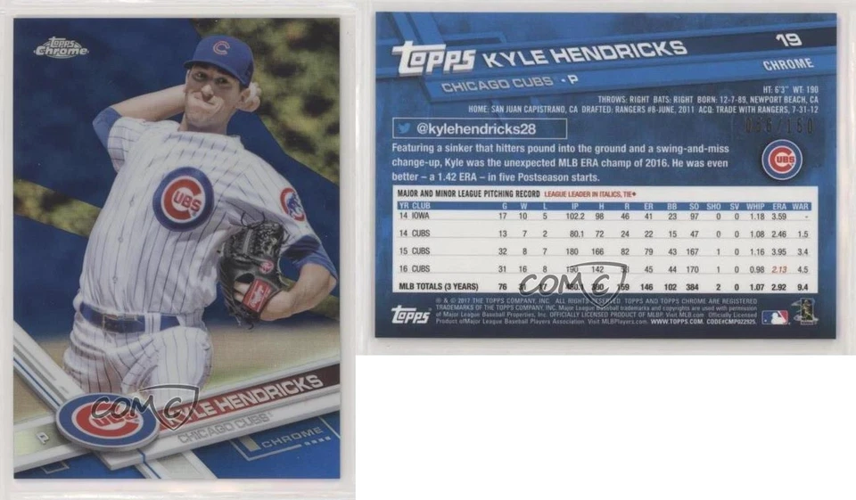 2017 Topps Chrome Blue Refractor 56/150 Kyle Hendricks #19 - Image 3 of 3