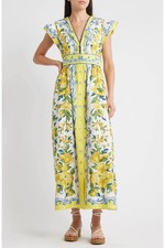 FARM Rio Sicily Scarf Print Cotton Maxi Dress Small Yellow Blue Resort Coastal