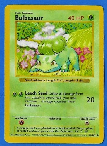 1999 Wizards Pokemon Base Set Shadowless Bulbasaur 44/102 Non-Holo NM+ Unlimited
