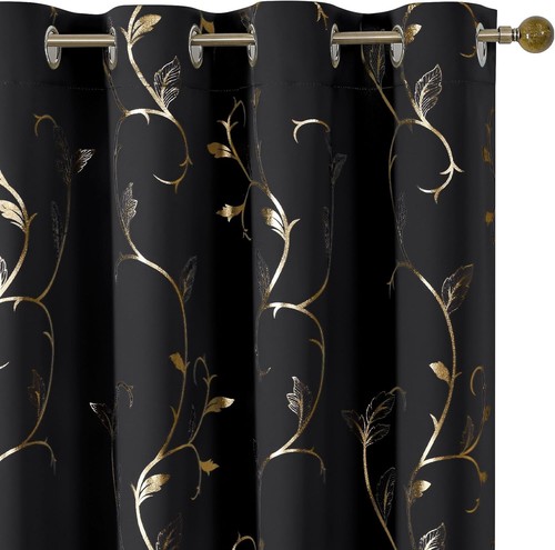 84" Grommet Blackout Curtains in Black and Gold - Noise Reducing Drapes Set - Picture 3 of 10