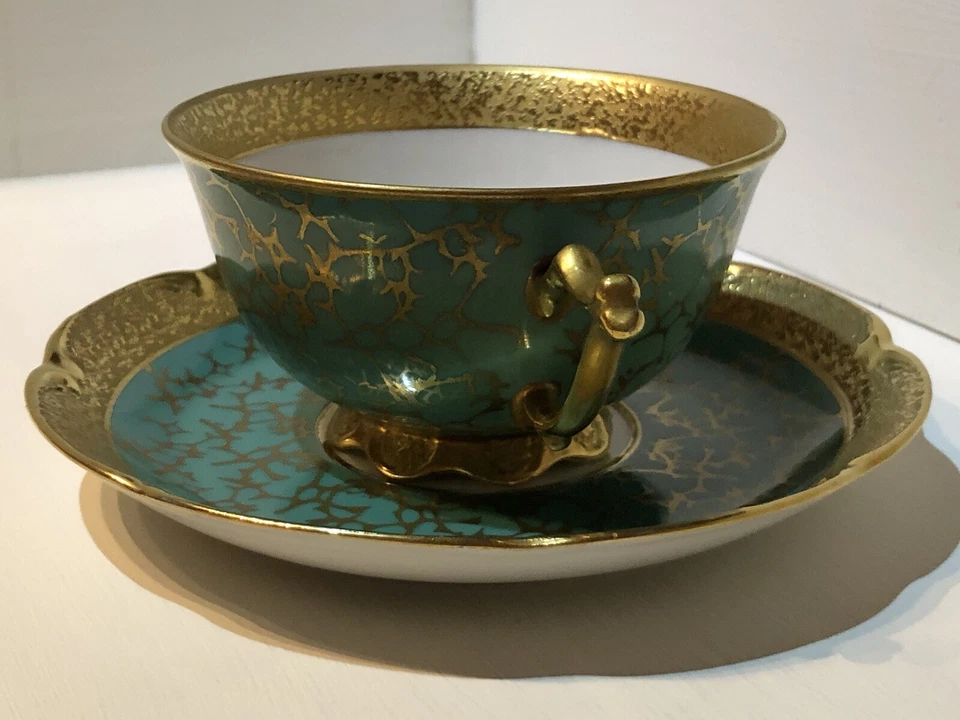 Taza y platillo vintage Jimenau turquesa y dorado numerado y firmado Foto 2 de 4