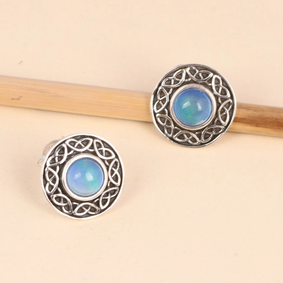 Pendientes de plata 925 suroeste hechos a mano con forma redonda azul ópalo aurora Foto 2 de 4