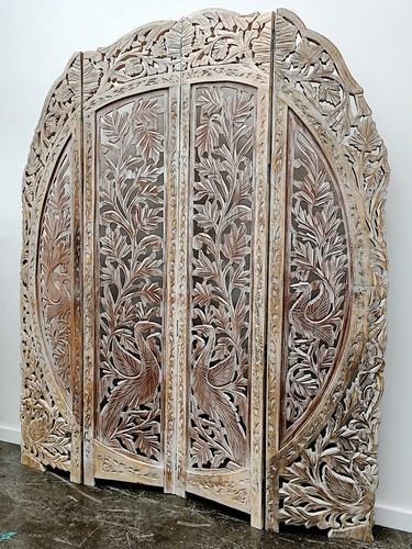 Indian Hand Carved Distressed Timber Vintage Peacock Screen Room Divider - Picture 4 of 9