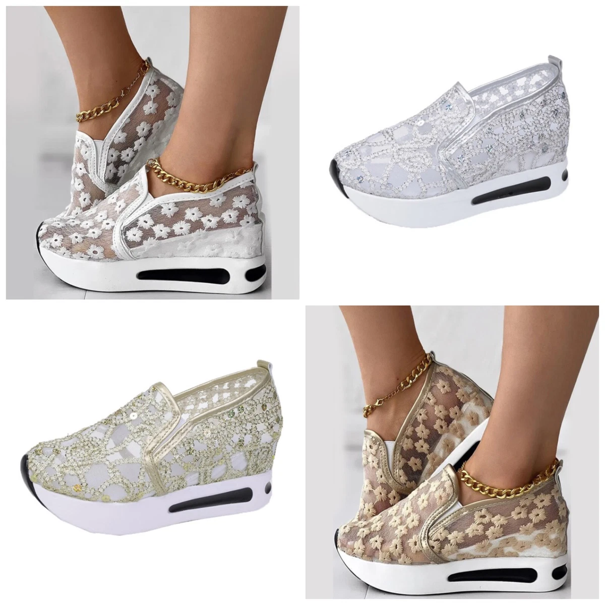 Chaussure femme originales dentelle brod compens e Baskets strass
